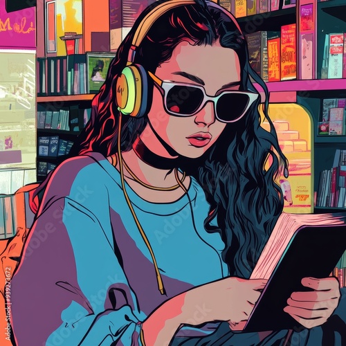 A modern and vibrant illustration depicting a woman with headphones reading a book, surrounded by colorful bookstore shelves. photo