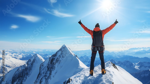 Triumphant hiker with arms raised on snowy mountain peak overlooking vast alpine landscape, copy space