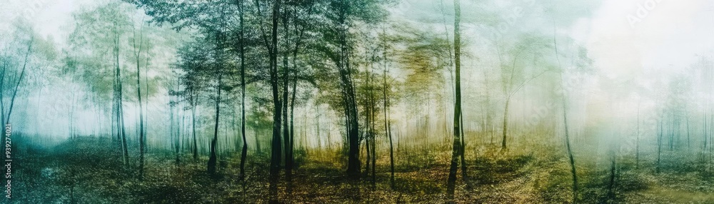 Obraz premium Serene forest scene shrouded in mist, capturing nature's tranquility with lush trees and soft light filtering through foliage.