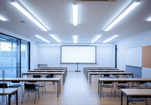 Empty Classroom with Whiteboard and Projector Screen