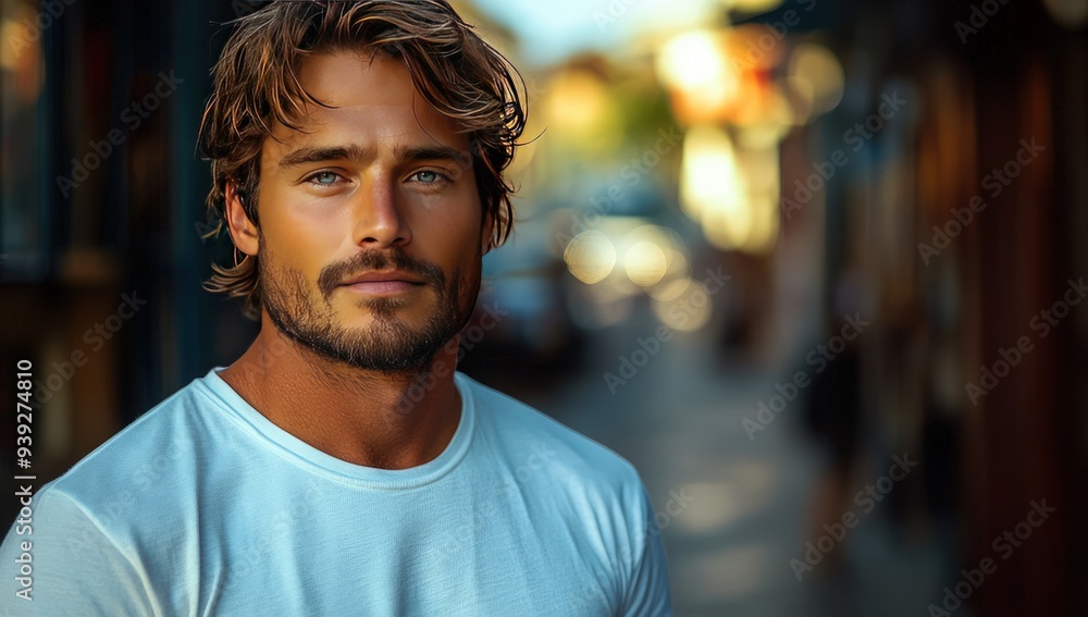 A handsome man with a beard is standing in the street. A handsome man with a beard is standing in the street.