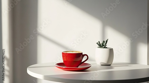 Wallpaper Mural A minimal coffee setup with a bold, red cup and saucer on a simple white table Torontodigital.ca