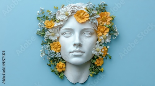 Marble portrait of woman in style of plaster antique sculpture with fresh flowers in her hair. Generative AI