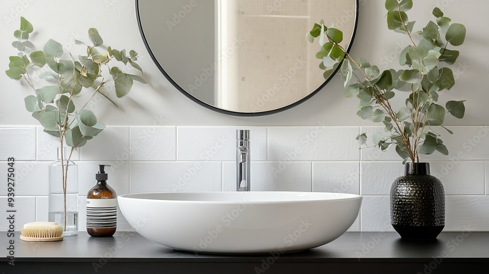 Fototapeta premium A sleek bathroom design showcasing a stylish mirror and eucalyptus branches adorning a vessel sink. 