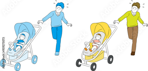 Danger! Father chasing after a stroller that has become detached from his hand
