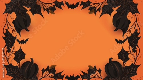Halloween-Themed Border with Pumpkins, Bats, and Leaves on an Orange Background for Festive Designs