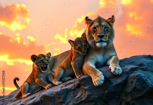 tiger in the woods, tiger in the forest, tiger in the night, lion family, with several cubs. photo