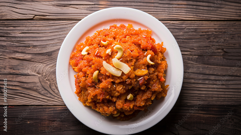 Gajar ka halwa: a delicious carrot dessert from india and pakistan, presented on a white platter Gajar ka halwa: a delicious carrot dessert from india and pakistan, presented on a white platter