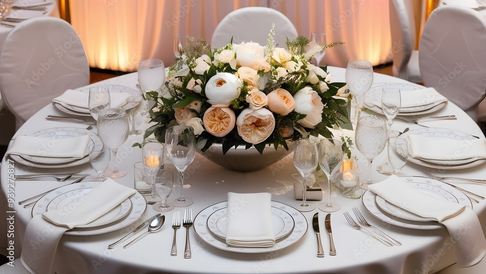 Fototapeta premium Wedding table setting with flowers. Generative Ai.