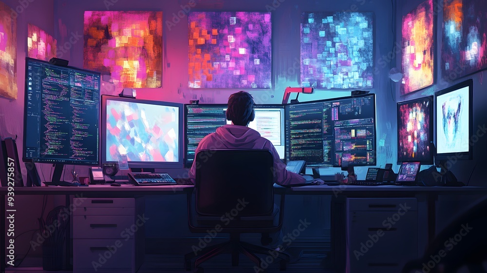 A digital art composition of an AI designer, seen from behind as they work on their computer at the desk in front of them A digital art composition of an AI designer, seen from behind as they work on their computer at the desk in front of them