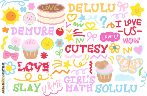 Cute illustrations of butterfly, cake, cupcake, flower, sun, girl's power font, women empowerment, heart for sweet dessert, cafe decoration, cute patches, brooch, font, campaign badges, emoji, logo