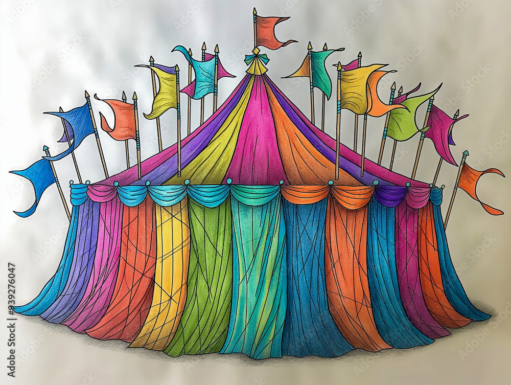 A colorful circus tent with flags hanging from it. The tent is decorated with many different colors and patterns, giving it a lively and festive appearance. The flags are of various sizes and colors