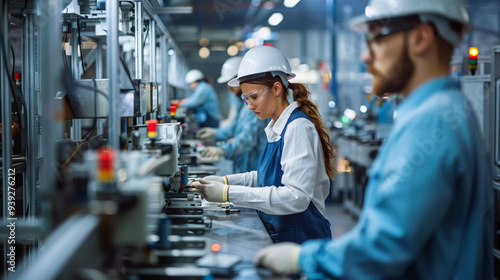 Factory workers assembling products on a production line, with machines and tools in the foreground