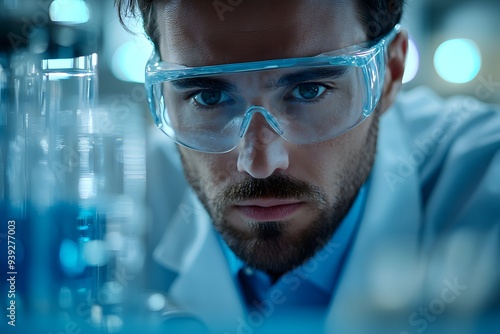 The Quest for Discovery: A close-up portrait of a focused scientist in a lab coat and safety goggles, engrossed in his research, surrounded by beakers filled with colorful solutions.