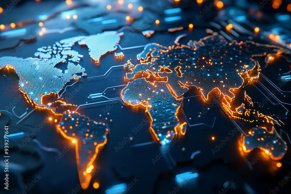 Fototapeta premium A map of the world with orange and blue lights connecting cities, in a dark background