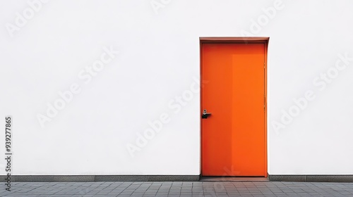 A vibrant orange door set against a clean, white wall in a minimalist design photo