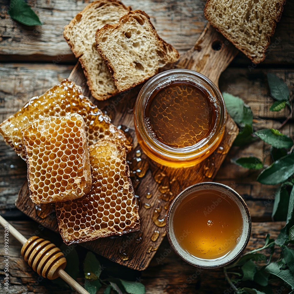 Rustic Honeycomb and Fresh Bread on a Wooden Table Rustic Honeycomb and Fresh Bread on a Wooden Table