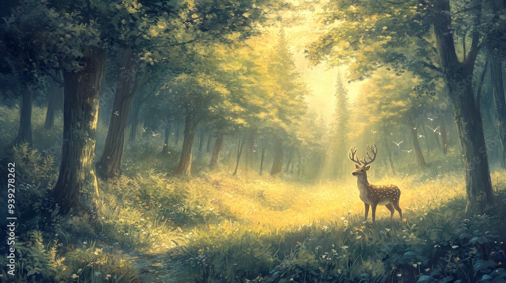 A roe deer in a lush forest surrounded by trees and grass A roe deer in a lush forest surrounded by trees and grass