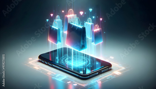 Smartphone with Holographic Shopping Bags concept as Horizontal shot of a smartphone placed on a white surface with glowing holographic shopping bags floating above it creating a futuristic Black Frid photo