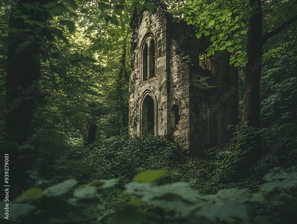 An ancient church in a lush forest with medieval architecture and a tall stone tower, evoking a serene and historic European landmark An ancient church in a lush forest with medieval architecture and a tall stone tower, evoking a serene and historic European landmark