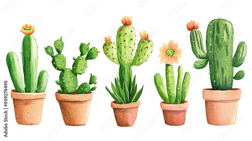 Watercolor Clipart: A Charming Clay Pot with a Variety of Green Cacti on a White Background. Featuring Different Sizes and Species, Some Cacti Bloom with Vibrant Flowers While Others Stand Bare, Watercolor Clipart: A Charming Clay Pot with a Variety of Green Cacti on a White Background. Featuring Different Sizes and Species, Some Cacti Bloom with Vibrant Flowers While Others Stand Bare,