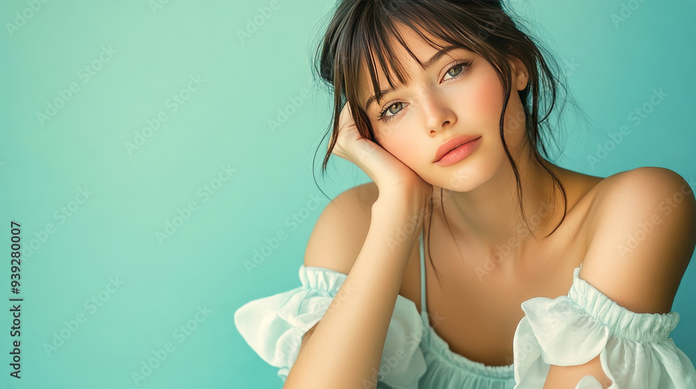 Thoughtful young woman in a light dress against a pastel background Thoughtful young woman in a light dress against a pastel background