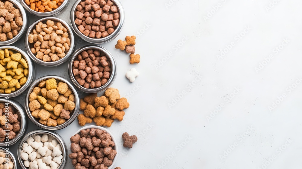 Assorted pet foods with nutritional labels arranged in a veterinary clinic, pet health, veterinary diet Assorted pet foods with nutritional labels arranged in a veterinary clinic, pet health, veterinary diet