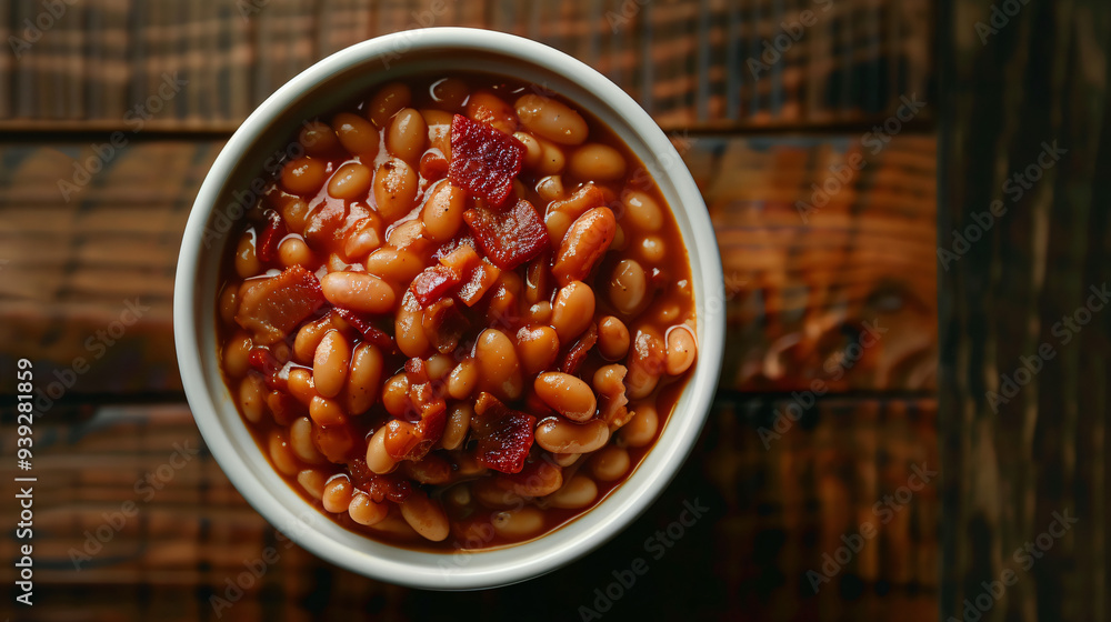 Savor a hearty dining experience with baked beans and bacon on a rustic wooden table Savor a hearty dining experience with baked beans and bacon on a rustic wooden table