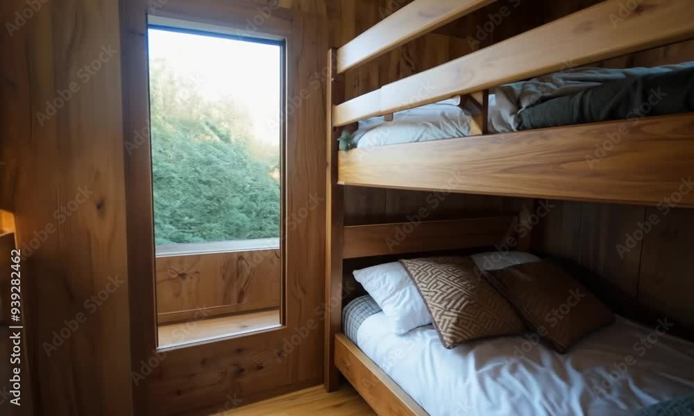 Bunk wooden bed in bedroom interior. Generative AI Bunk wooden bed in bedroom interior. Generative AI