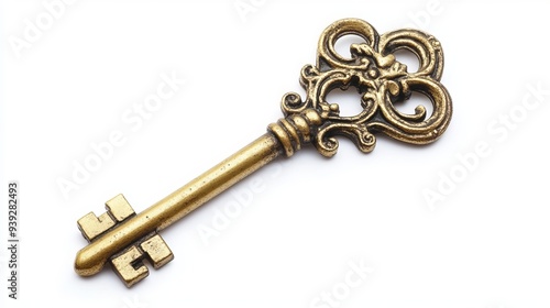 Antique golden key, isolated on white background, with clipping path included for easy editing and compositing. 