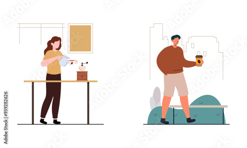 People spend their free time drinking a mug of coffee illustration