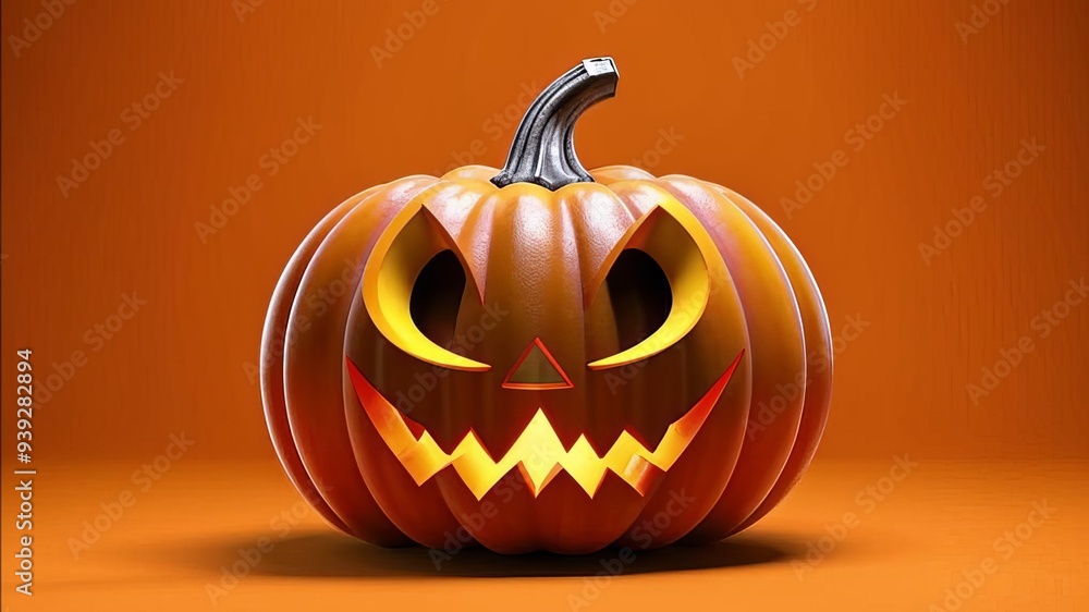 Front view of 3d spooky halloween pumpkin model, orange background Front view of 3d spooky halloween pumpkin model, orange background