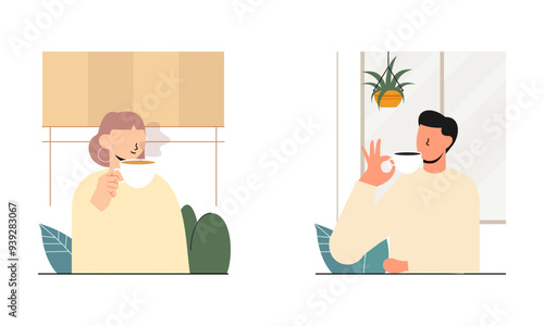 People spend their free time drinking a mug of coffee illustration