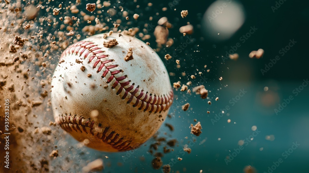 Dynamic close-up shot of a baseball in motion with dirt flying in the background Dynamic close-up shot of a baseball in motion with dirt flying in the background