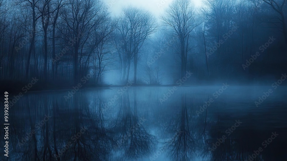 A serene, misty landscape featuring dark trees reflecting on a calm, blue-toned water surface, evoking tranquility and mystery. A serene, misty landscape featuring dark trees reflecting on a calm, blue-toned water surface, evoking tranquility and mystery.