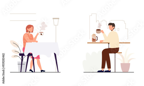 People spend their free time drinking a mug of coffee illustration