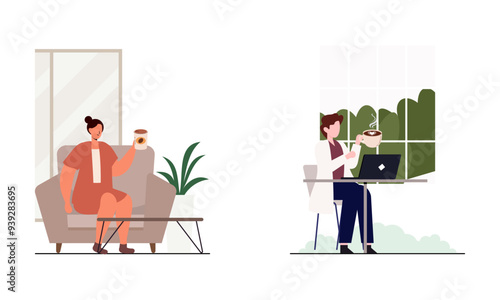 People spend their free time drinking a mug of coffee illustration
