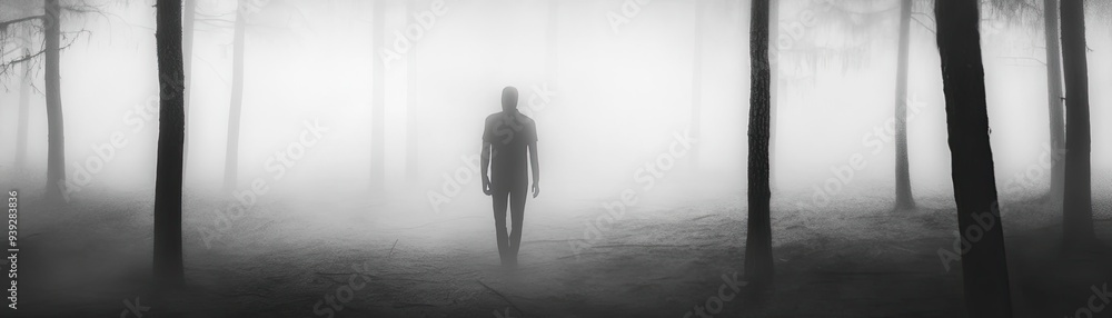 A solitary figure walking through a foggy forest, creating a mysterious atmosphere with shadows and soft light. A solitary figure walking through a foggy forest, creating a mysterious atmosphere with shadows and soft light.