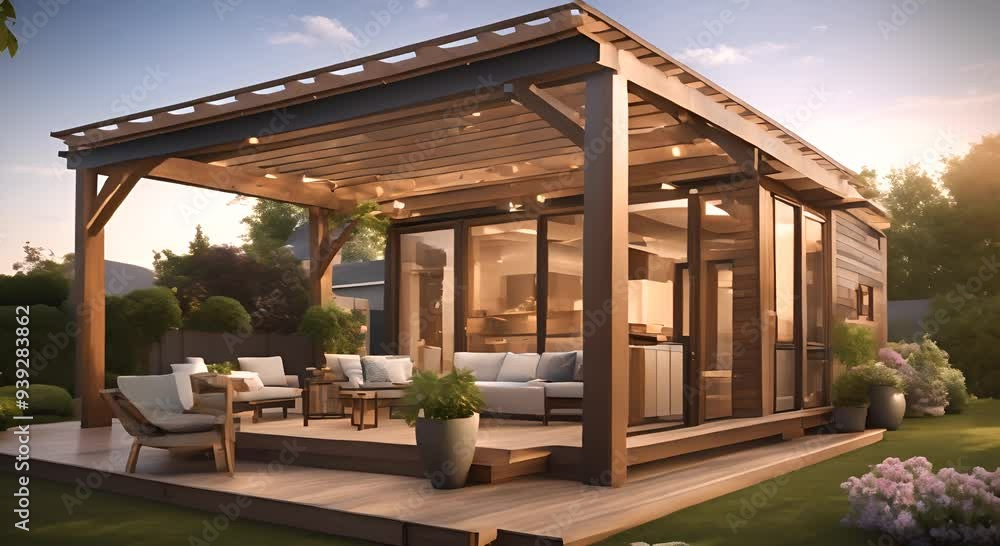 Back yard house exterior with spacious wooden deck with patio area and attached pergola 4k animation Back yard house exterior with spacious wooden deck with patio area and attached pergola 4k animation