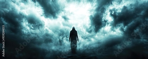 A mysterious figure stands alone in a dark, ominous atmosphere, surrounded by swirling clouds and dramatic lighting.