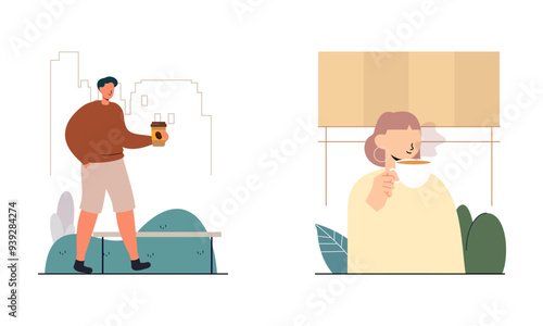 People spend their free time drinking a mug of coffee illustration