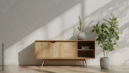 Minimalist Sideboard with Plants and Ceramic Pot in Modern Room photo