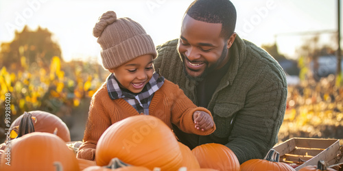 Black father and son enjoying a sunny autumn day at the pumpkin patch photo