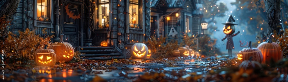 Halloween evening scene with glowing pumpkins and a scarecrow witch on a decorated street in autumn. Halloween evening scene with glowing pumpkins and a scarecrow witch on a decorated street in autumn.