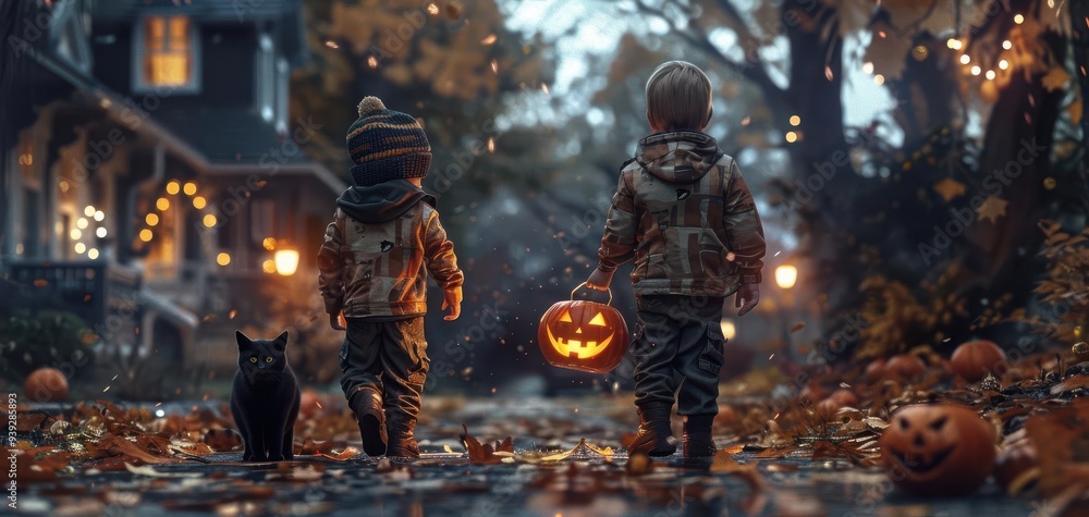 Children in Halloween costumes trick-or-treating at dusk with a black cat, surrounded by autumn leaves and festive decorations. Children in Halloween costumes trick-or-treating at dusk with a black cat, surrounded by autumn leaves and festive decorations.