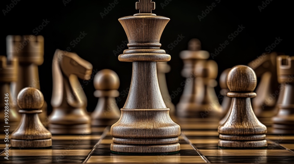 A close-up of the wooden chess king standing prominently on a chessboard, symbolizing leadership, power, and the strategic core of the game of chess. A close-up of the wooden chess king standing prominently on a chessboard, symbolizing leadership, power, and the strategic core of the game of chess.