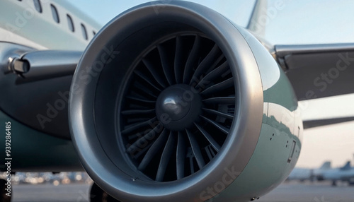 Close-up of a passenger plane’s jet engine, highlighting its intricate details and components.