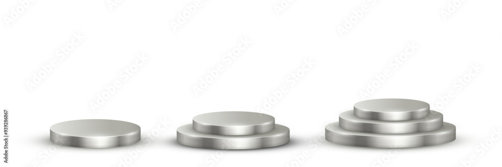 Silver podium for awards or product display vector illustration set. Empty 3d platinum stages on white background. Luxury elegant platforms for cosmetics presentation, ceremony pedestals for winners. Silver podium for awards or product display vector illustration set. Empty 3d platinum stages on white background. Luxury elegant platforms for cosmetics presentation, ceremony pedestals for winners.