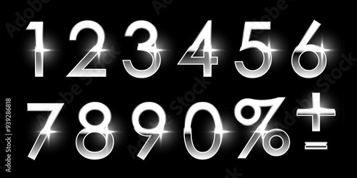 Birthday silver numbers isolated on black background. Collection of anniversary chrome white gray numbers. Luxury bright metallic font. Realistic vector design elements for party, holiday, sale.