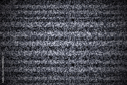Glitch noise effect on tv screen. Abstract white grain stripes on black computer monitor background. Broken black VHS retro display with flickering. Retro digital technology vector illustration.